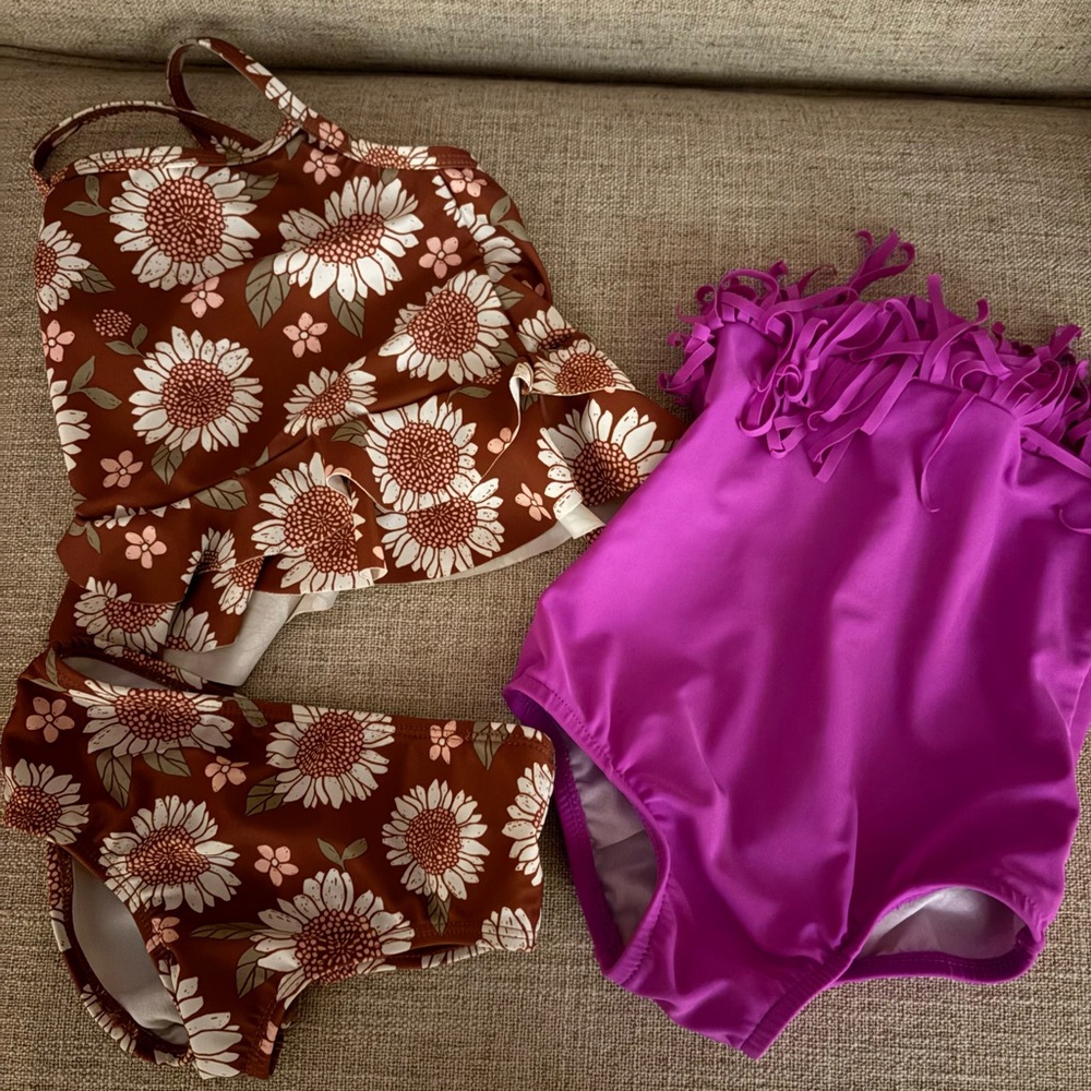Floral Brown 2 Piece Flouncy Top Bikini Bottom & Pink One Piece Swimsuit Set 18M
